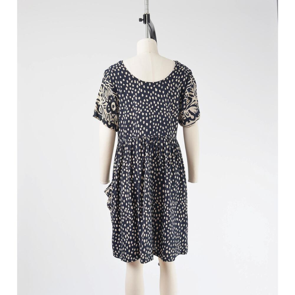 Vintage 90s Black Beige Polka Dot Boho Babydoll Dress with Pockets size S M - Picture 4 of 8